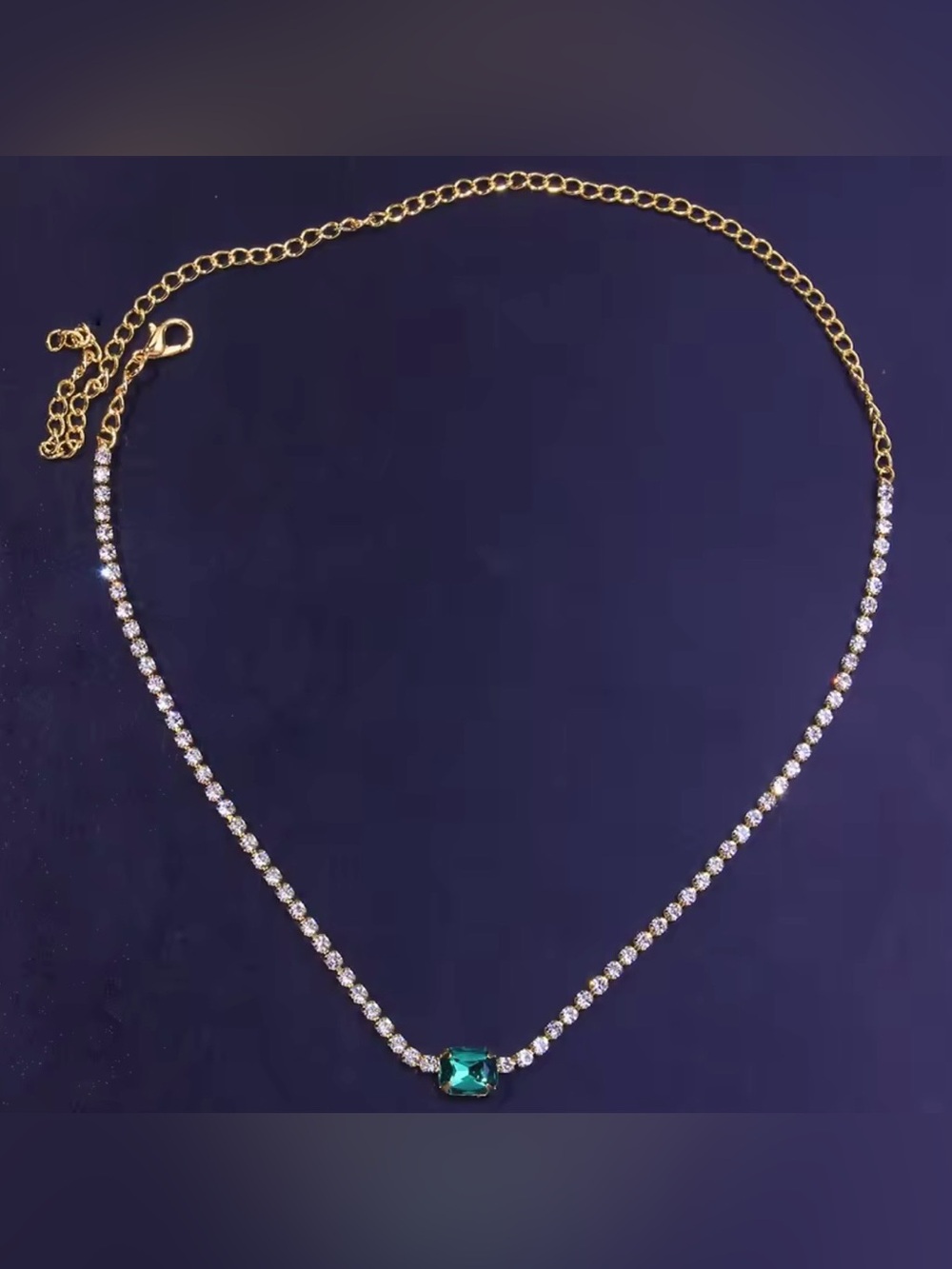 Gold-Tone Tennis Necklace with Emerald Green Cushion Pendant - Women